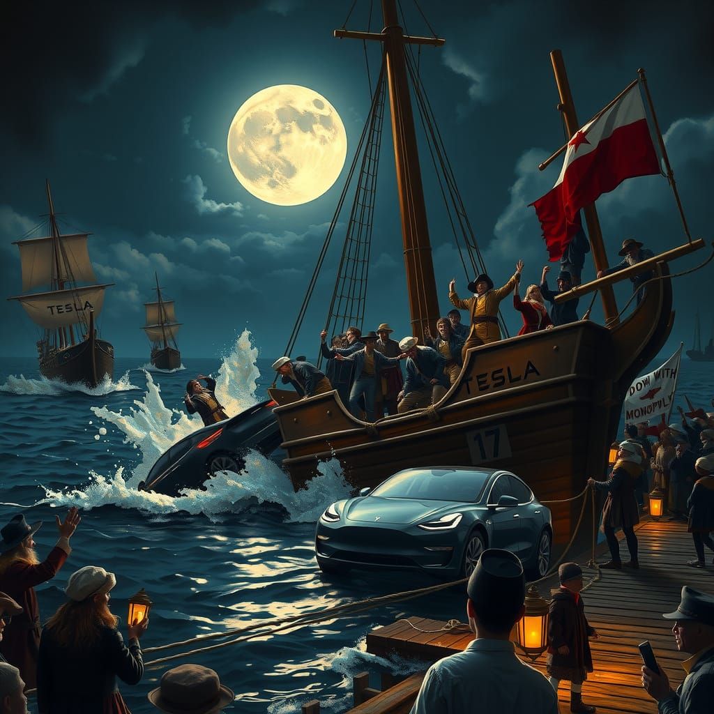 18th-Century Boston Tea Party Reimagined with Tesla Vehicles