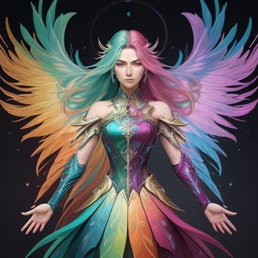 Majestic Woman Paladin in Vibrant Rainbow Hues