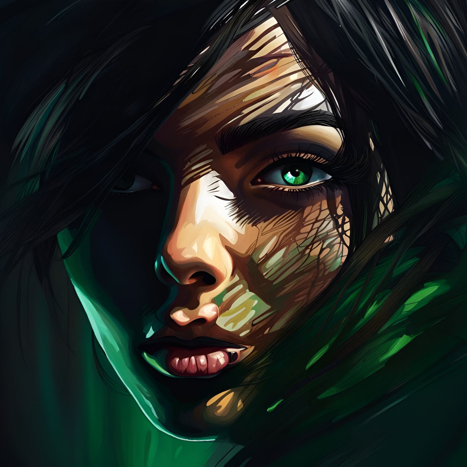 Dramatic Portrait: Woman with Green Eyes in Shadow