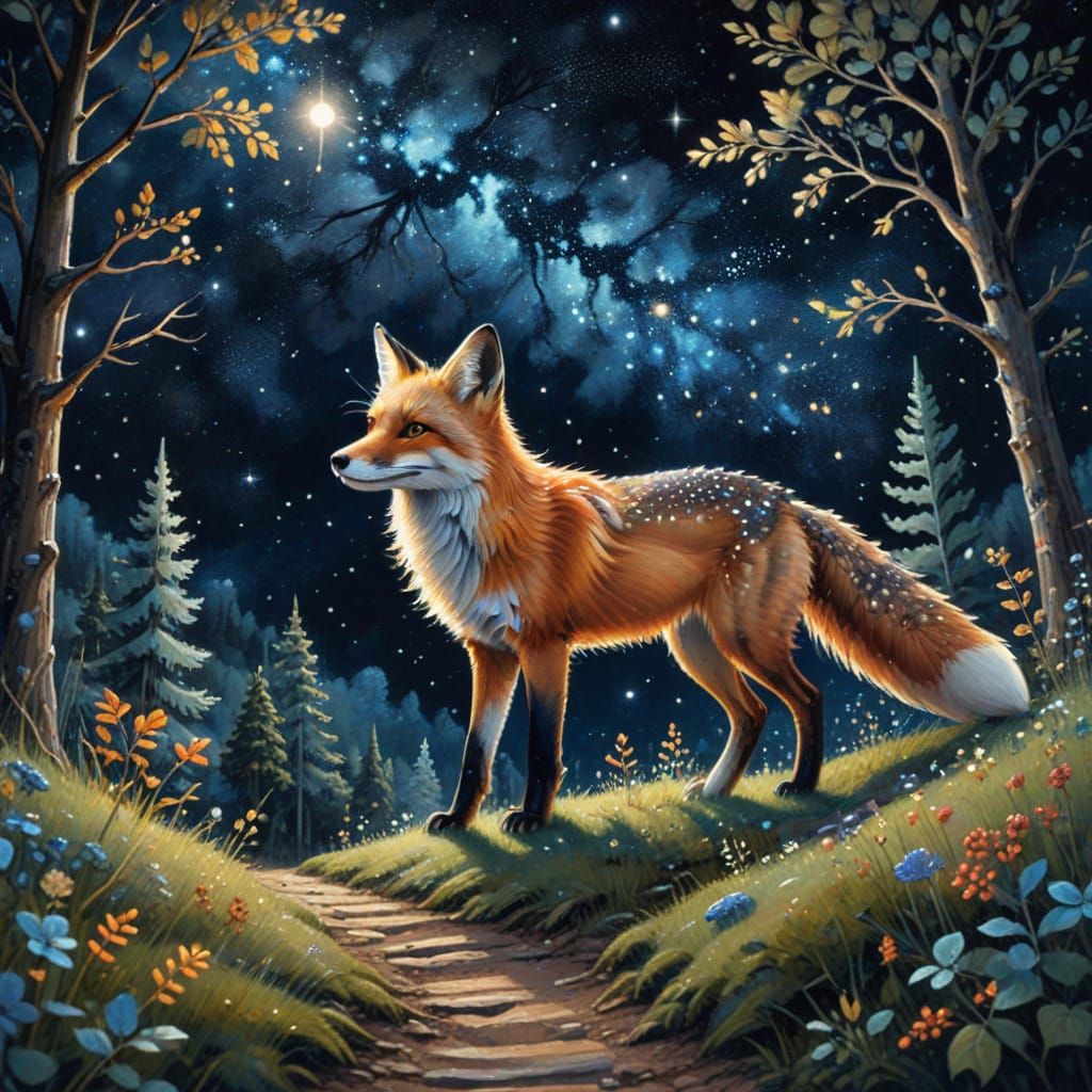 Fox on Forest Path Under Starry Sky as Folk Art