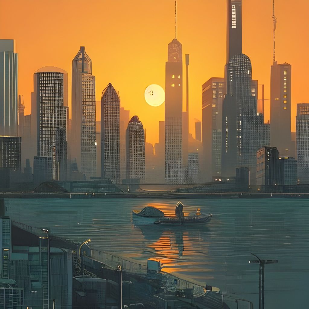 Cityscape at Sunset: Photorealistic Digital Illustration