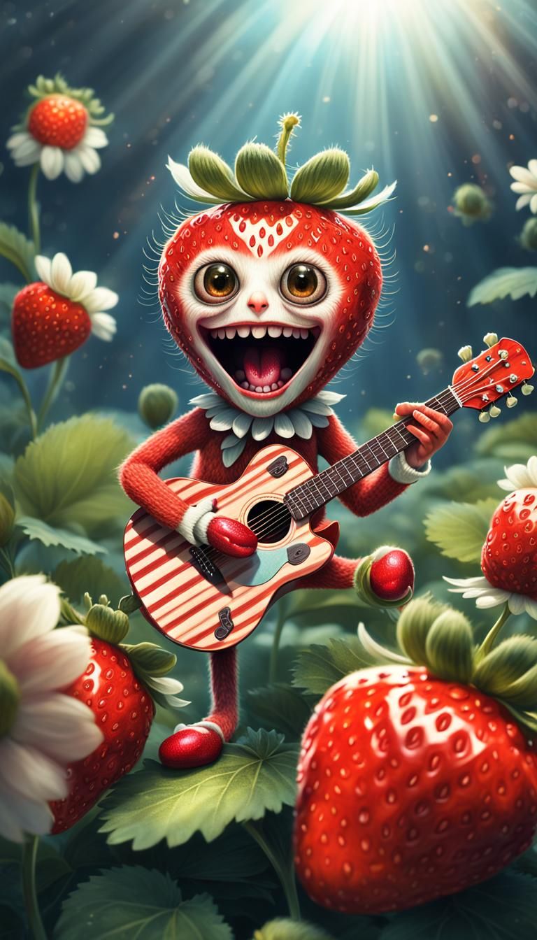 macro cute red strawberry plant creature screaming mouth creature playing guitar looking at me spring vintage big eyes...