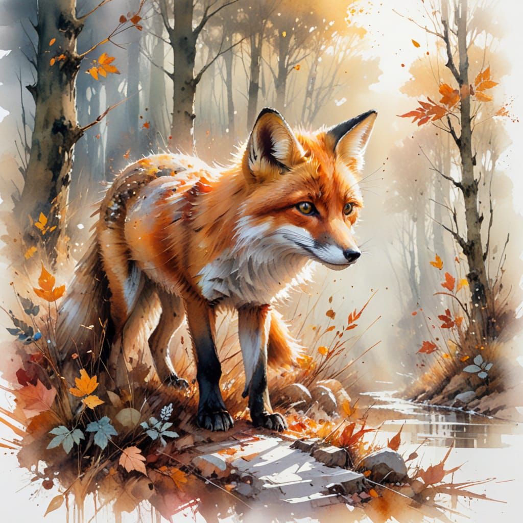 Adorable Fox on Sunlit Autumn Forest Path