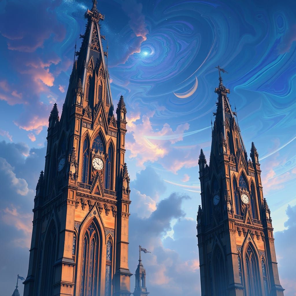 Ancient Twin Towers in Iridescent Realm of Dreams