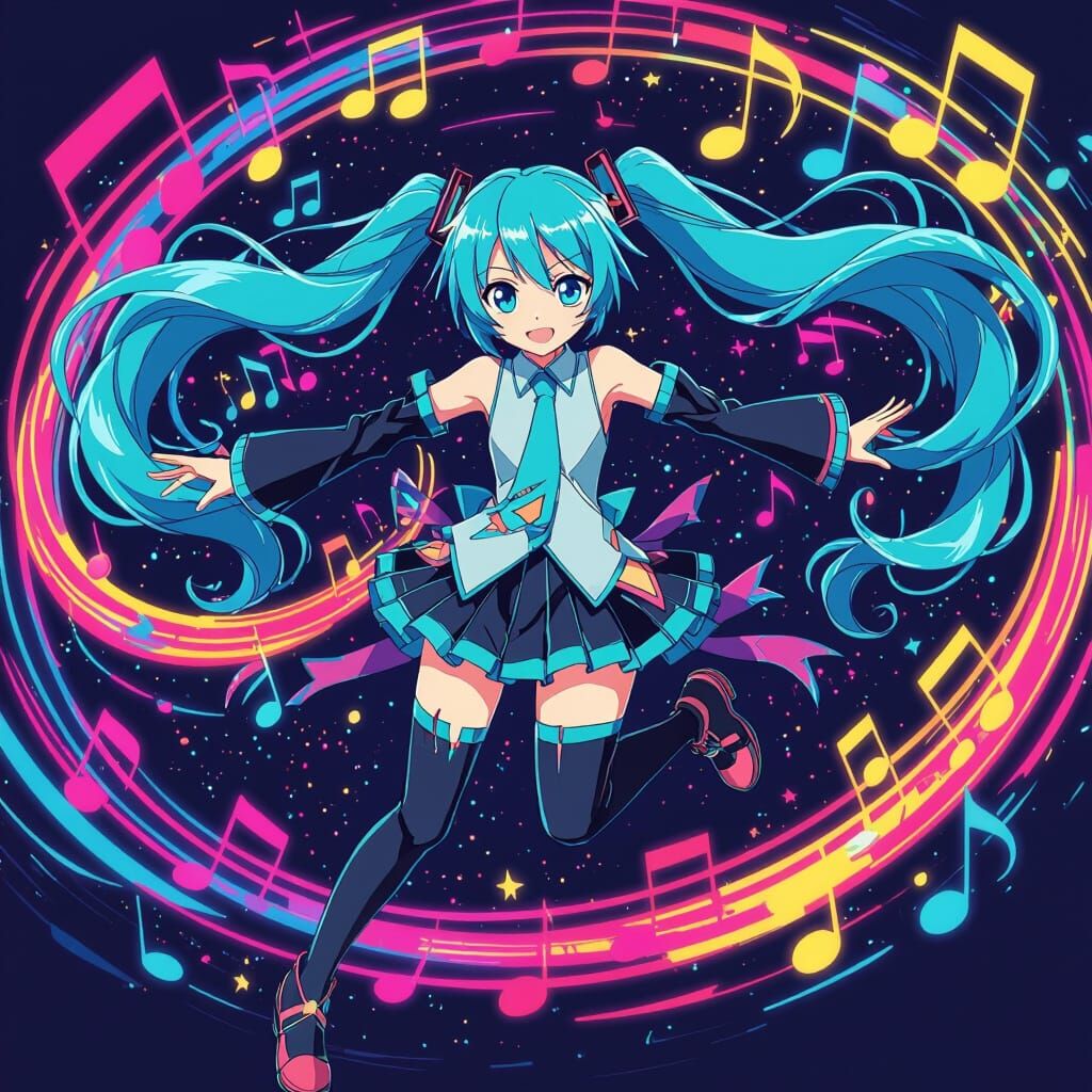 Hatsune Miku Jumps Amidst Musical Swirls
