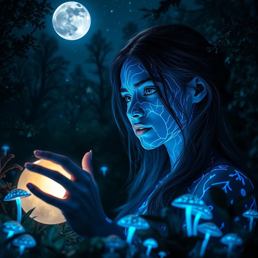 Bioluminescent Woman Touching Orb in Whimsical Forest