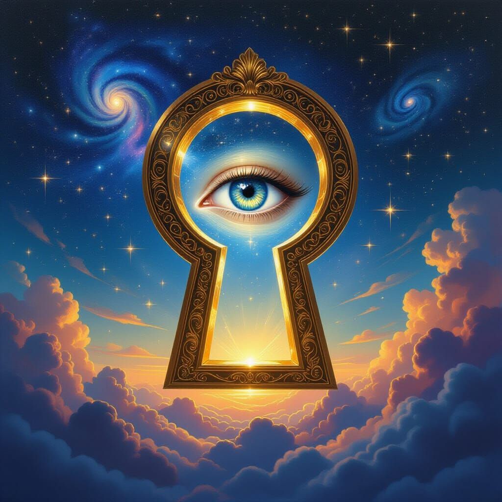 Surreal Golden Keyhole with Eye in Cosmic Sky