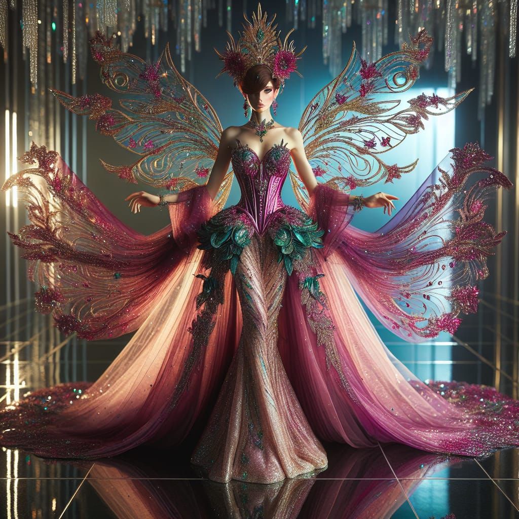 Regal Fantasy Figure in Majestic Magenta Couture with Gold a...
