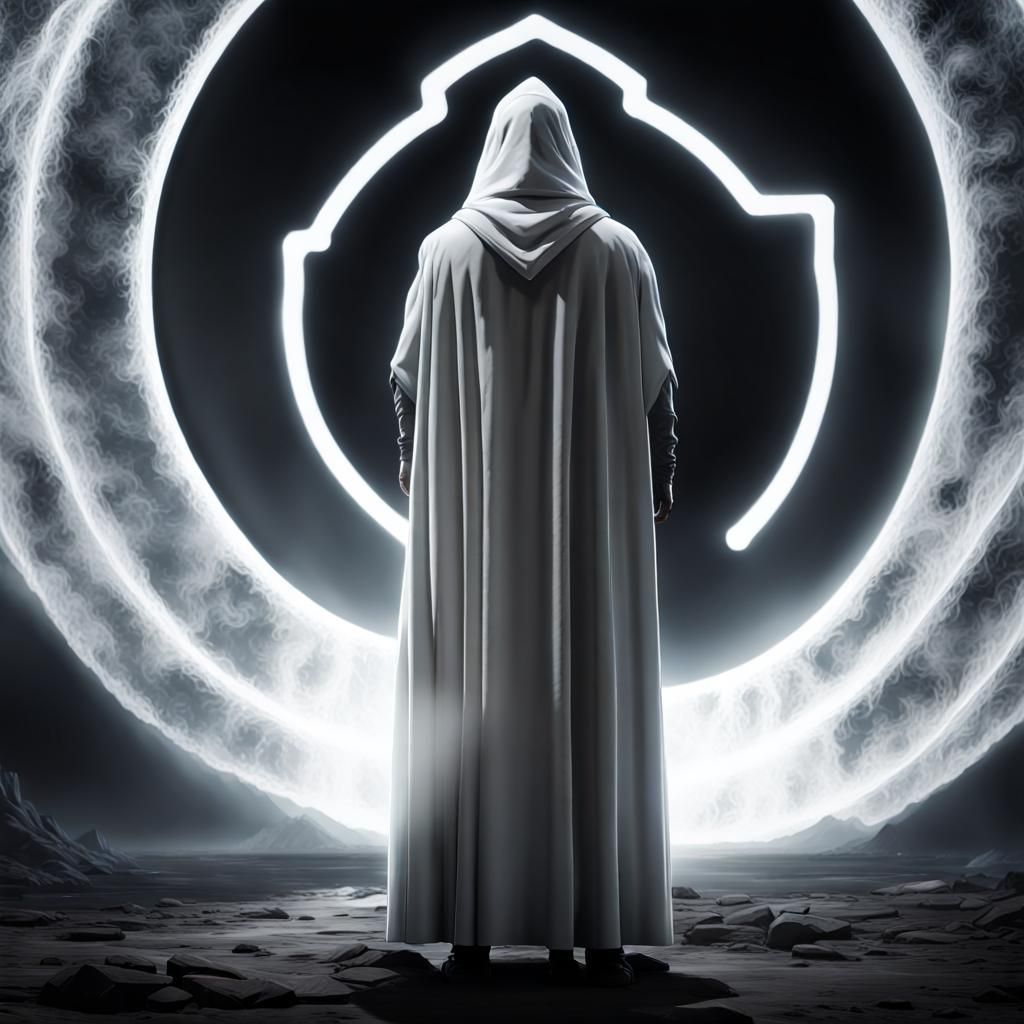 Man in White Cloak with Halo in Darkness