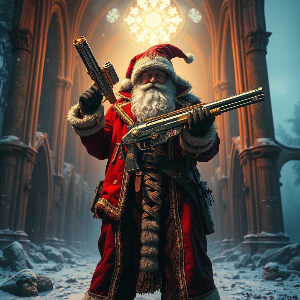 Steampunk Santa Claus in Ruined Cathedral