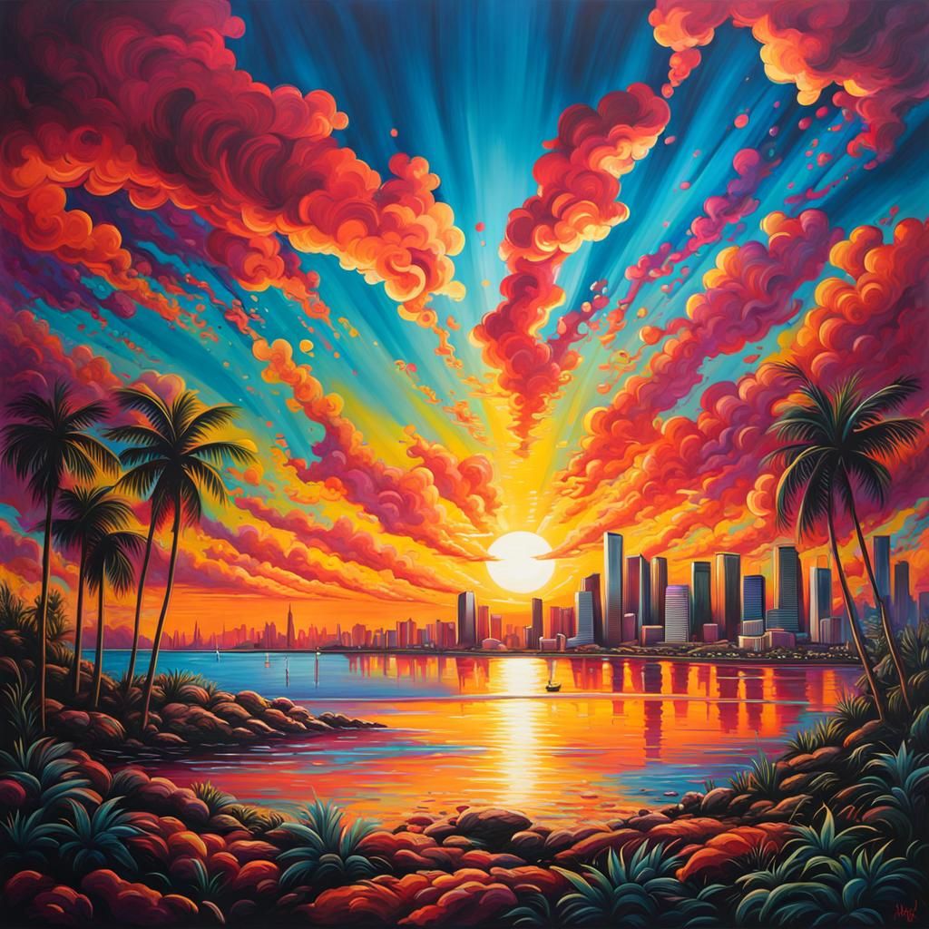 Colorful Sunset Over Bay in Graffiti Art Style