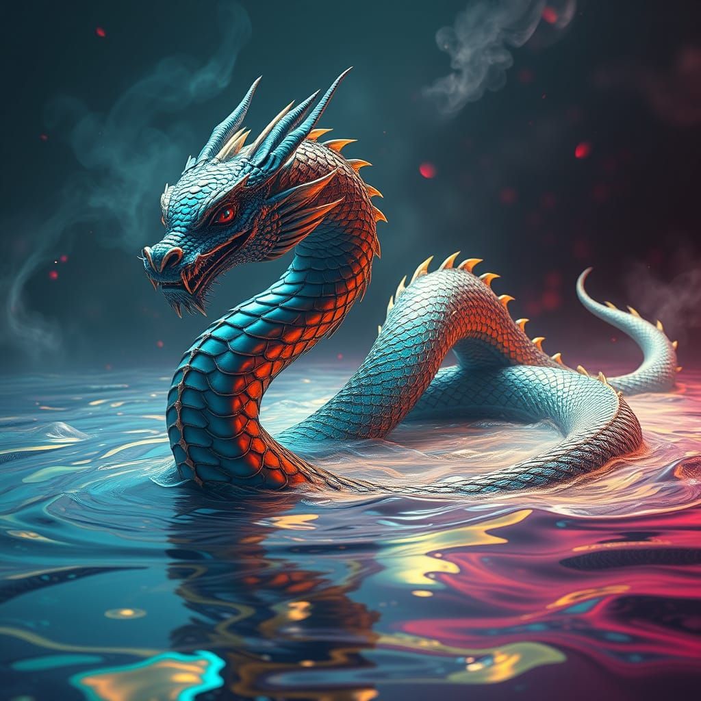 Serpentine Dragon Dissolves into Iridescent Liquid