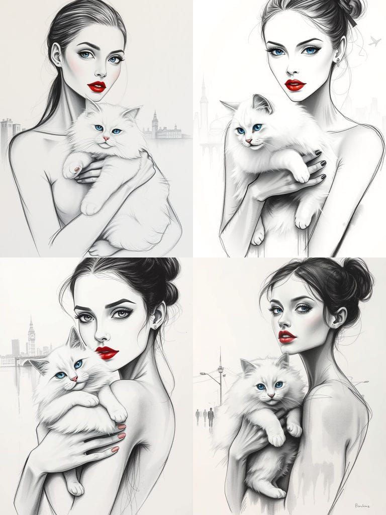 Abstract Woman Holding Cat in Ethereal Cityscape