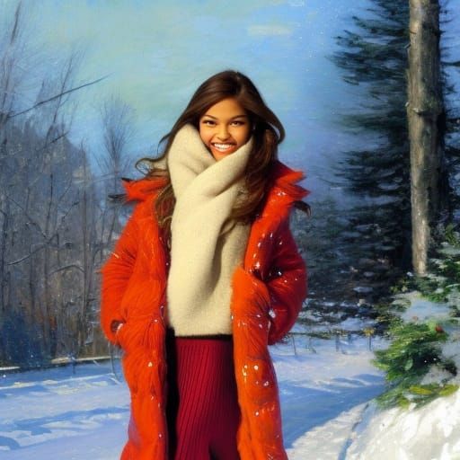 Girl in Winter Gear: Pointillist Fine Art