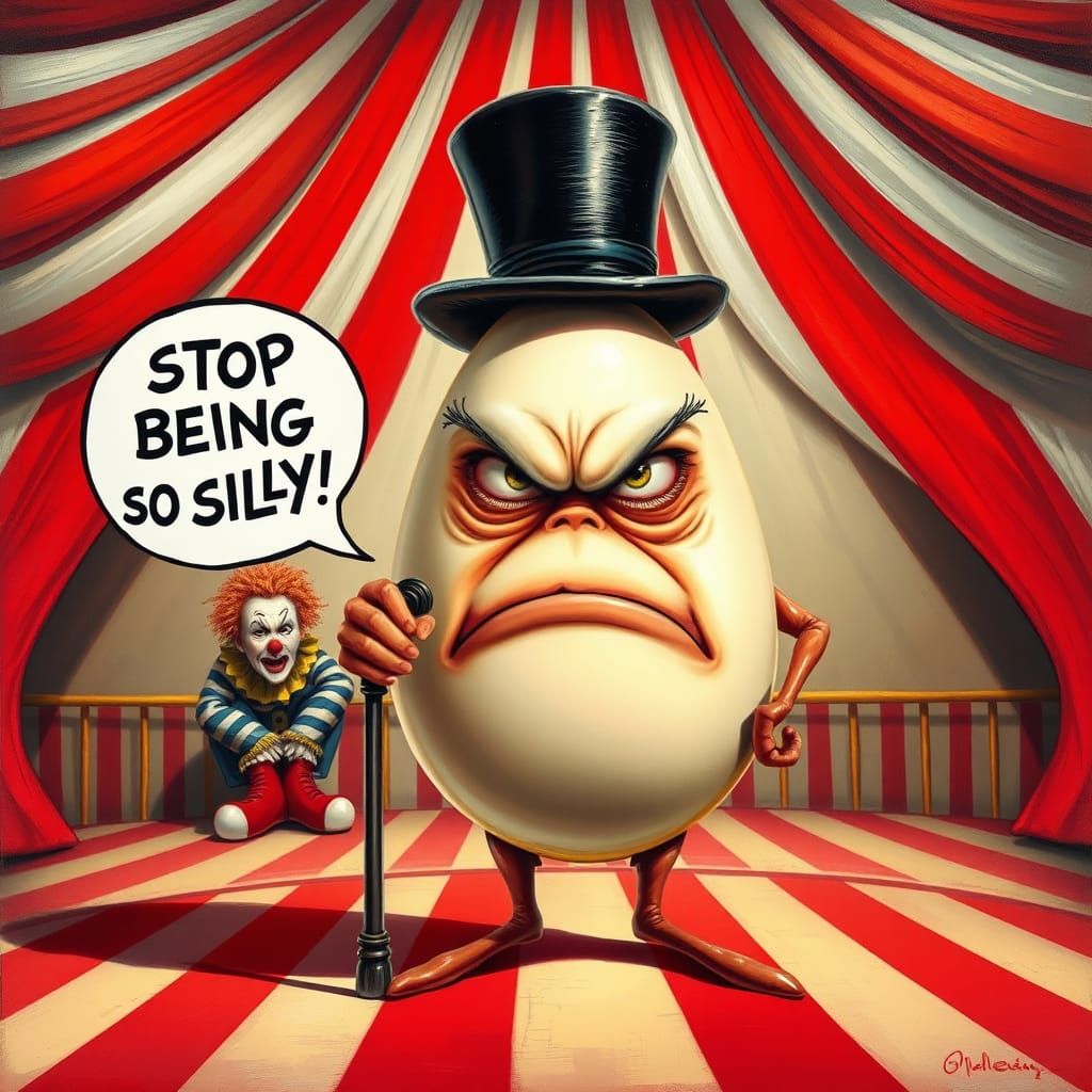 Furious Egg Ringmaster Scolds Clown in Circus