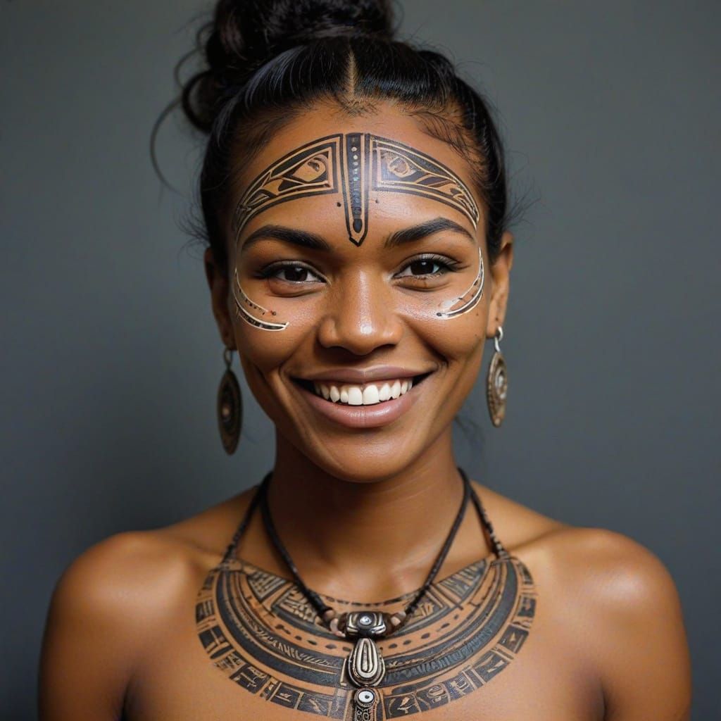 Smiling Tribal Woman with Tattoos in Aboriginal Art