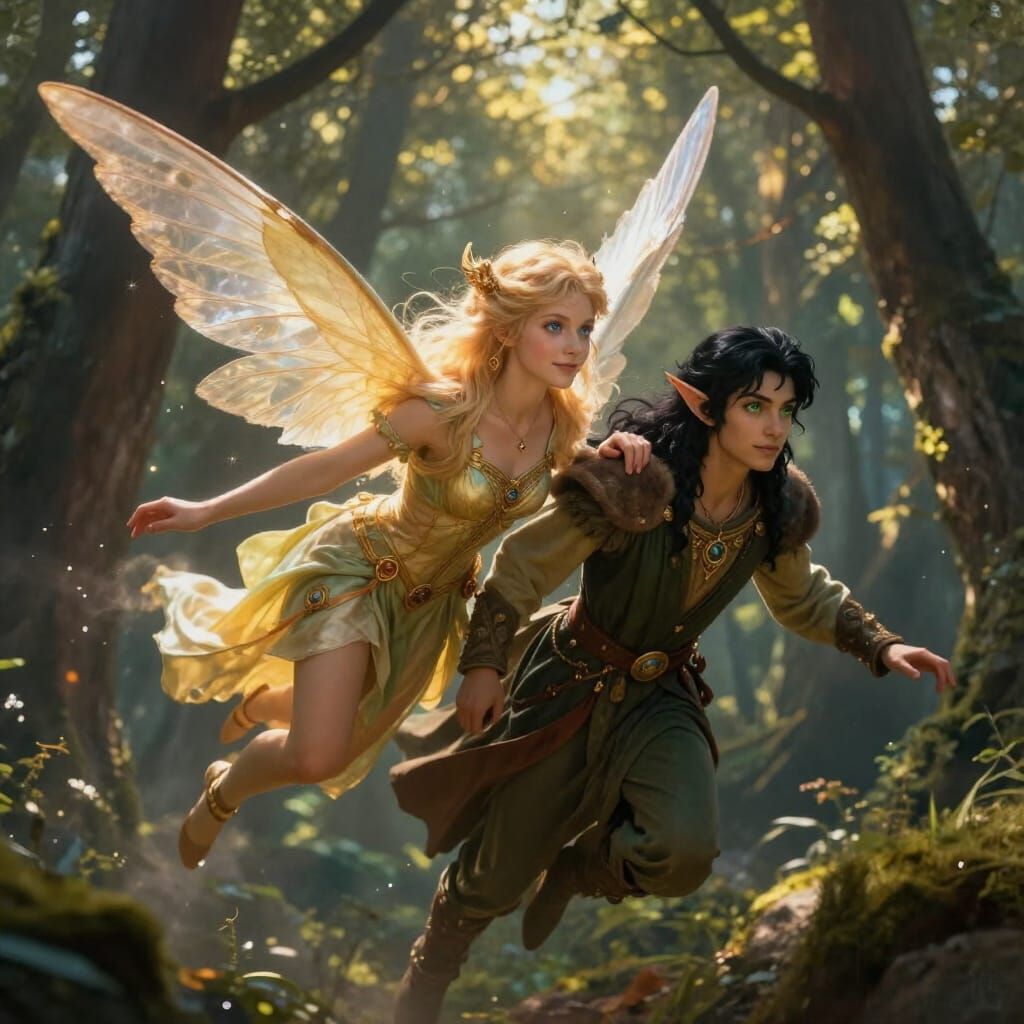 Fairy and Elf in Mystical Forest