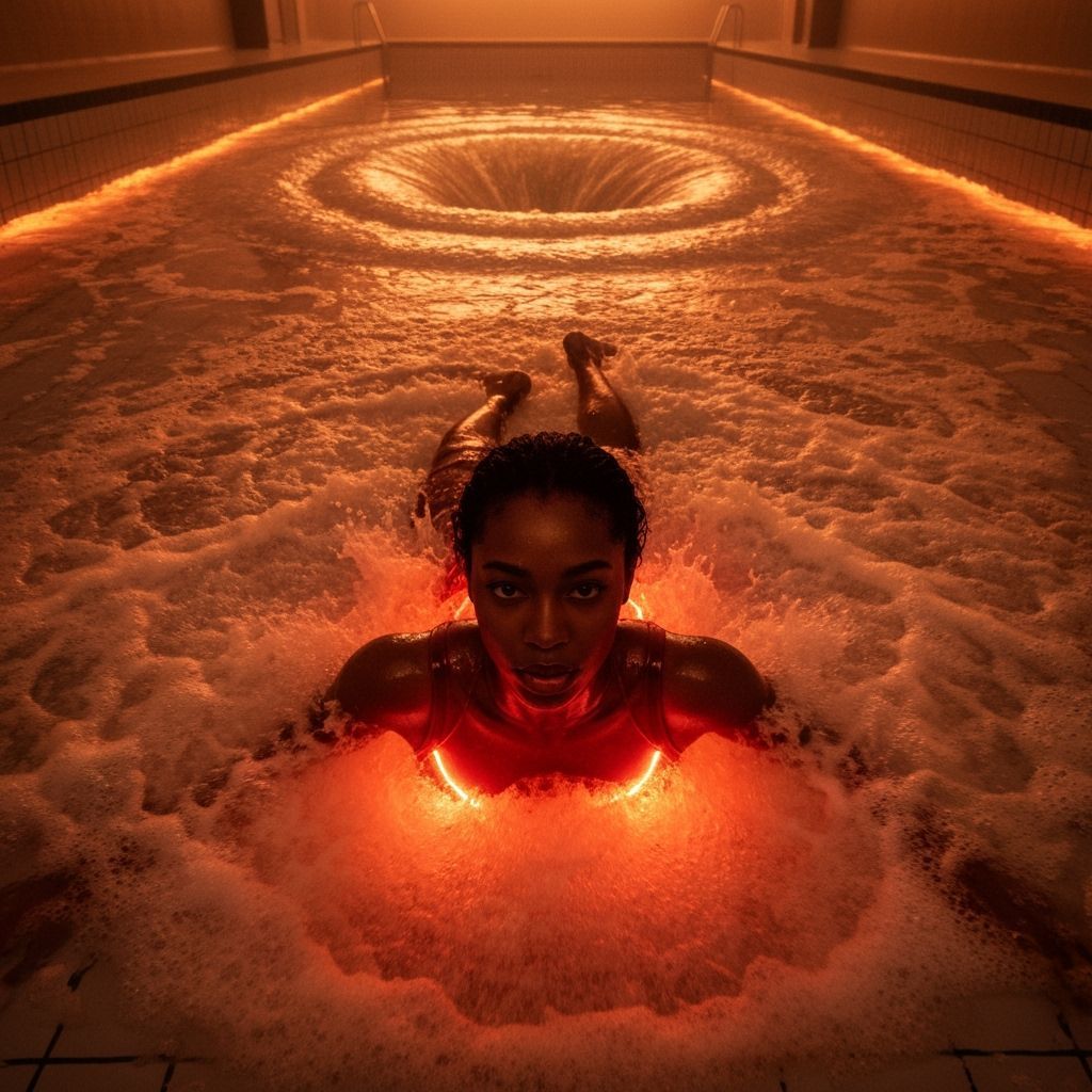 Woman in Pool Confronts Whirlpool: Moody Lighting