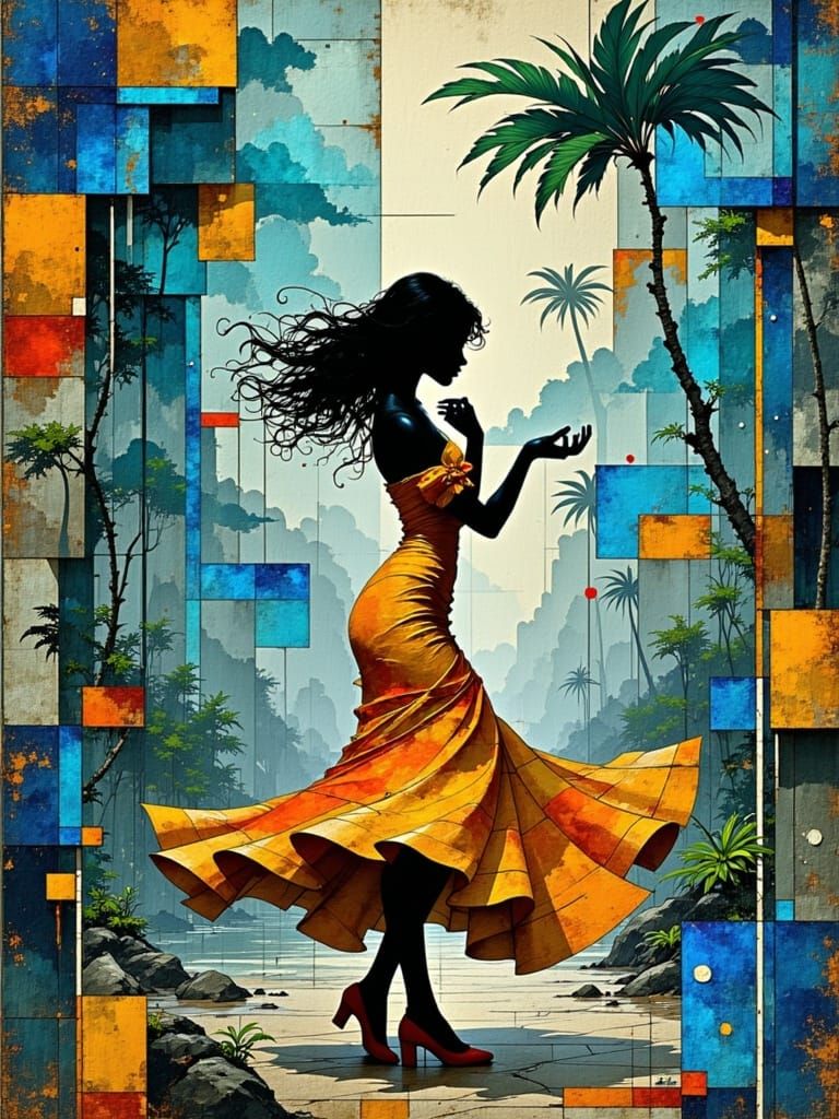 Vibrant Mambo Dance Collage in Iridescent Blues and Copper