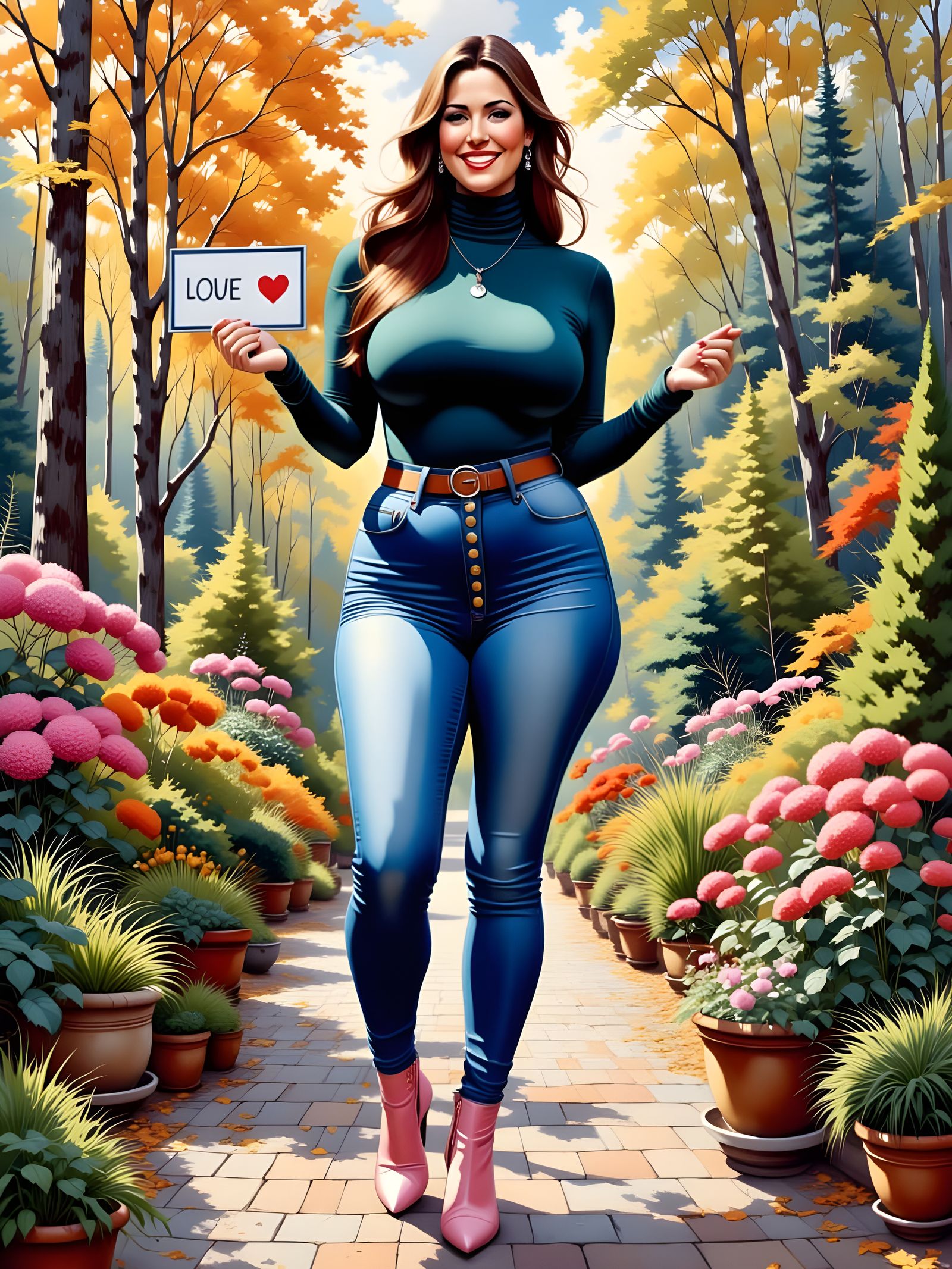 Beautiful Woman in Garden Holding Heart Sign