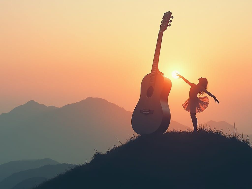 Surreal Sunset Landscapes with a Guitar Silhouette and Balle...