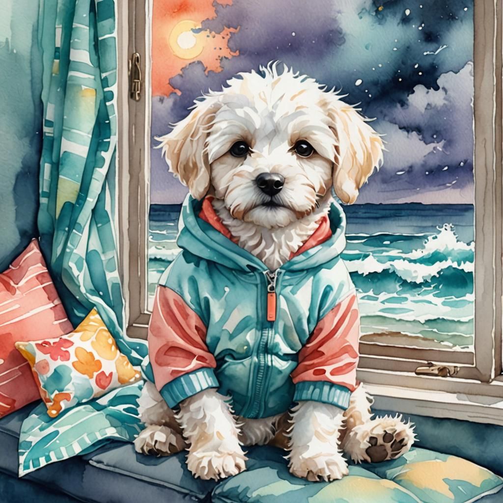 Whimsical Watercolor Puppy Gazing at Stormy Beach