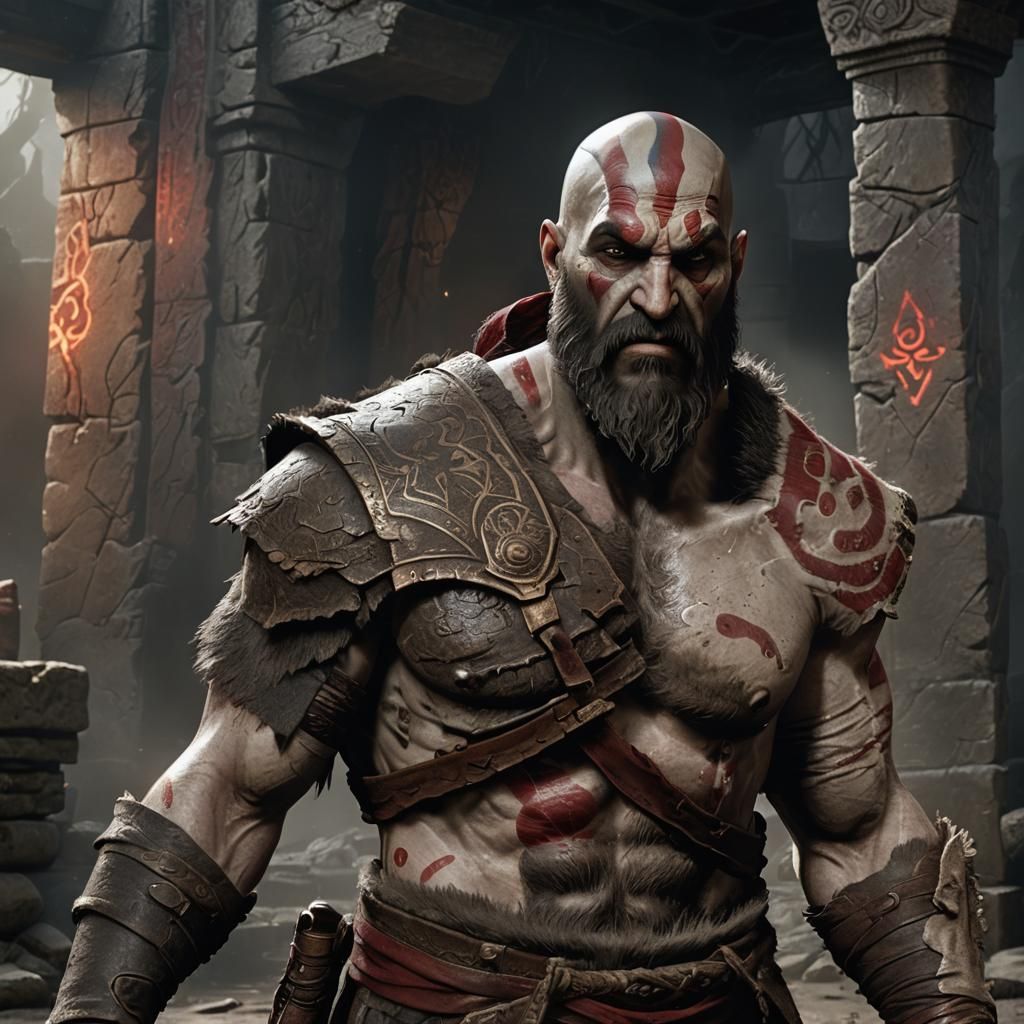 Elder Kratos Stands Vigilant Amid Ancient Ruins