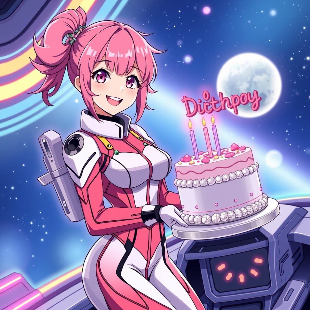 Anime Woman Presents Cake in Space, Manga Style