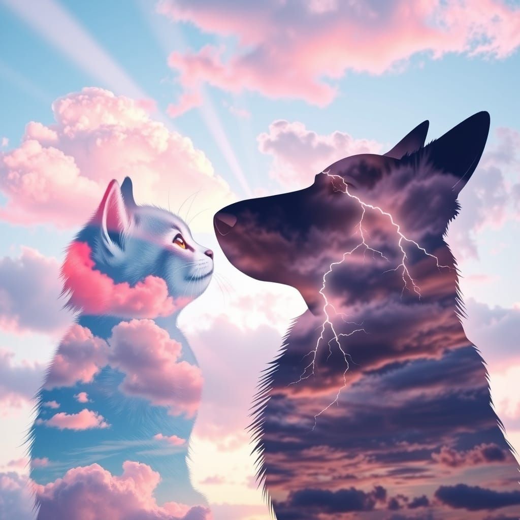 Whimsical Double Exposure of Kitten and German Shepherd
