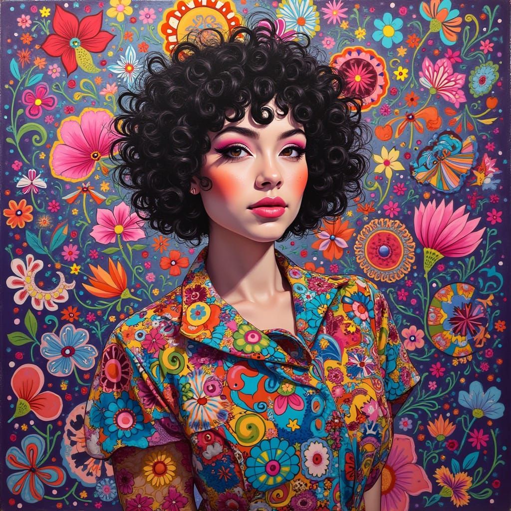 Confident Individual Surrounded by Kaleidoscopic Patterns in...