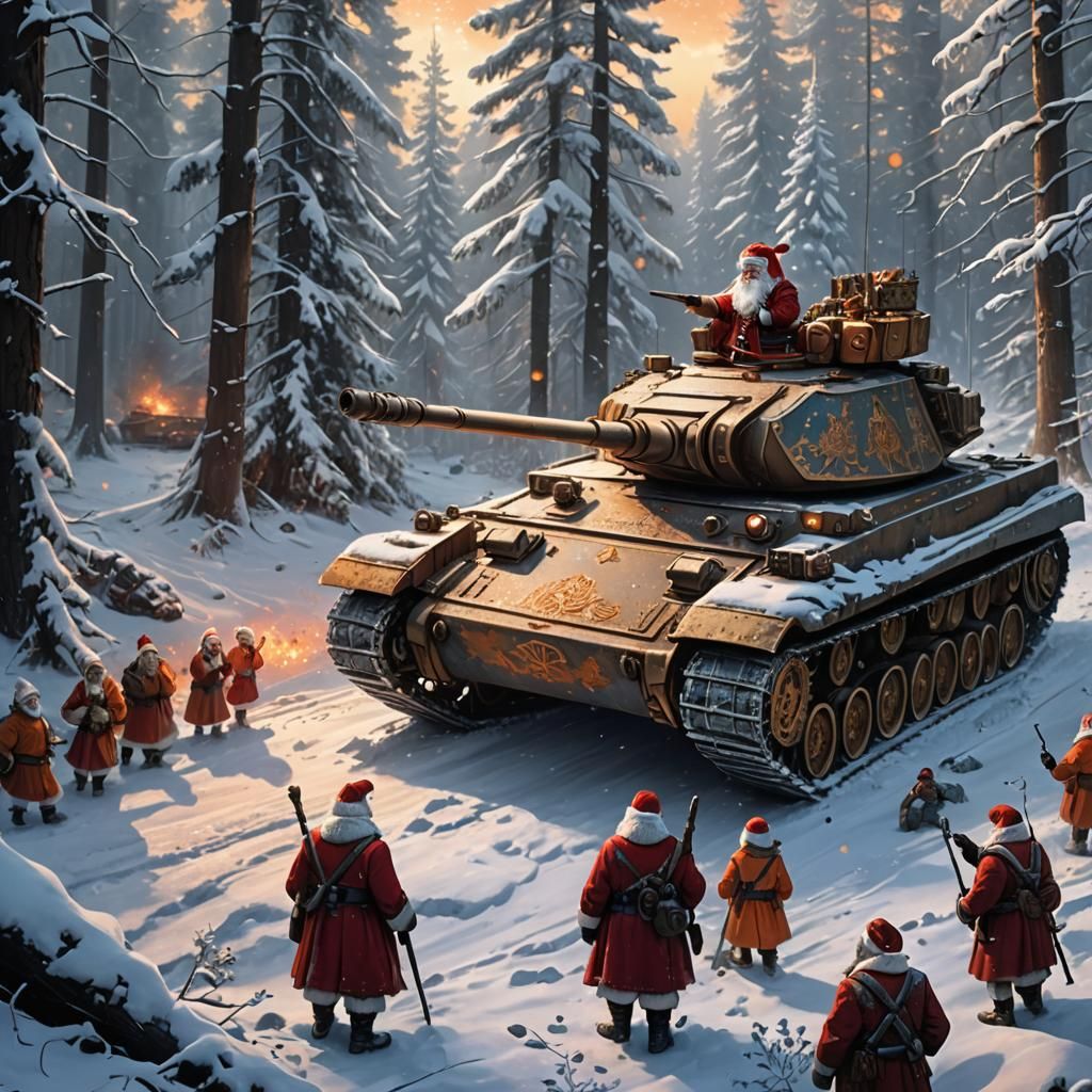 Santa Drives Decorated Tank Through Snowy Forest