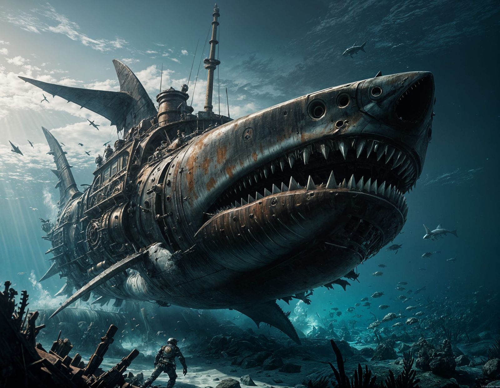 Giant Rusty Robot Shark Underwater: Steampunk Concept Art