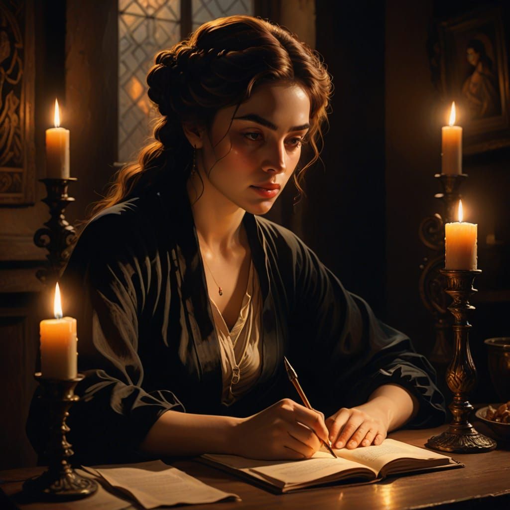 woman writing by candlelight