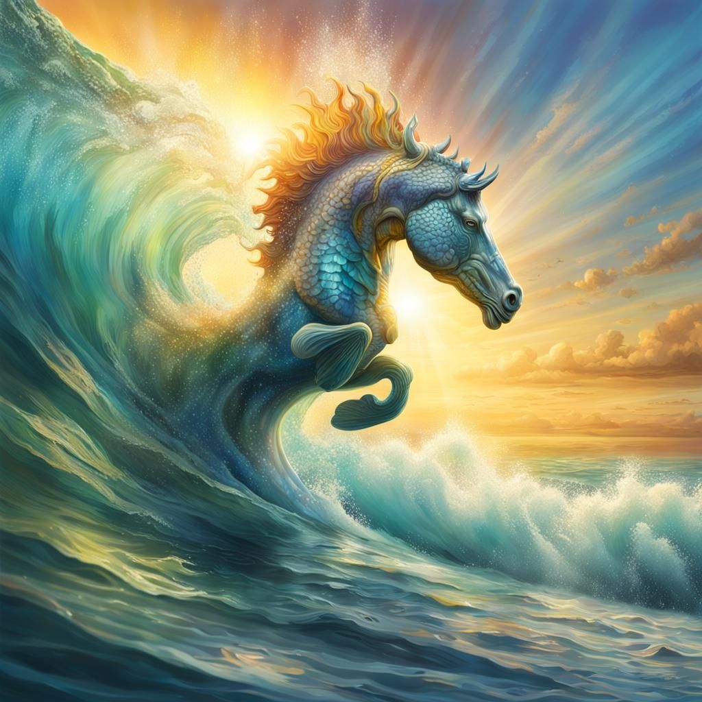Hyperrealistic Seahorse Rides a Wave in Splash Art