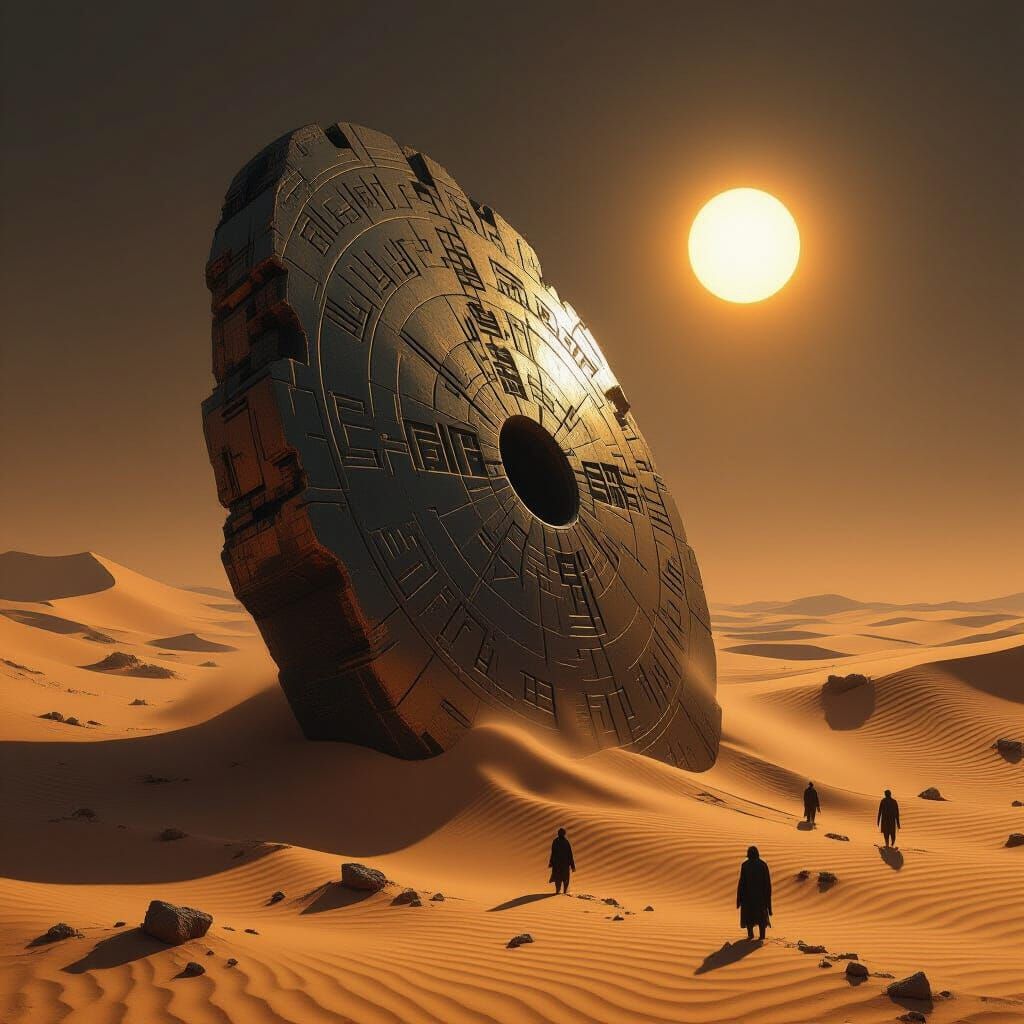 Colossal Alien Artifact in Desert Under Binary Sunset