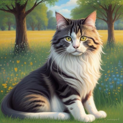 Charming Long-Haired Cat in Sunlit Meadow Naive Oil Painting