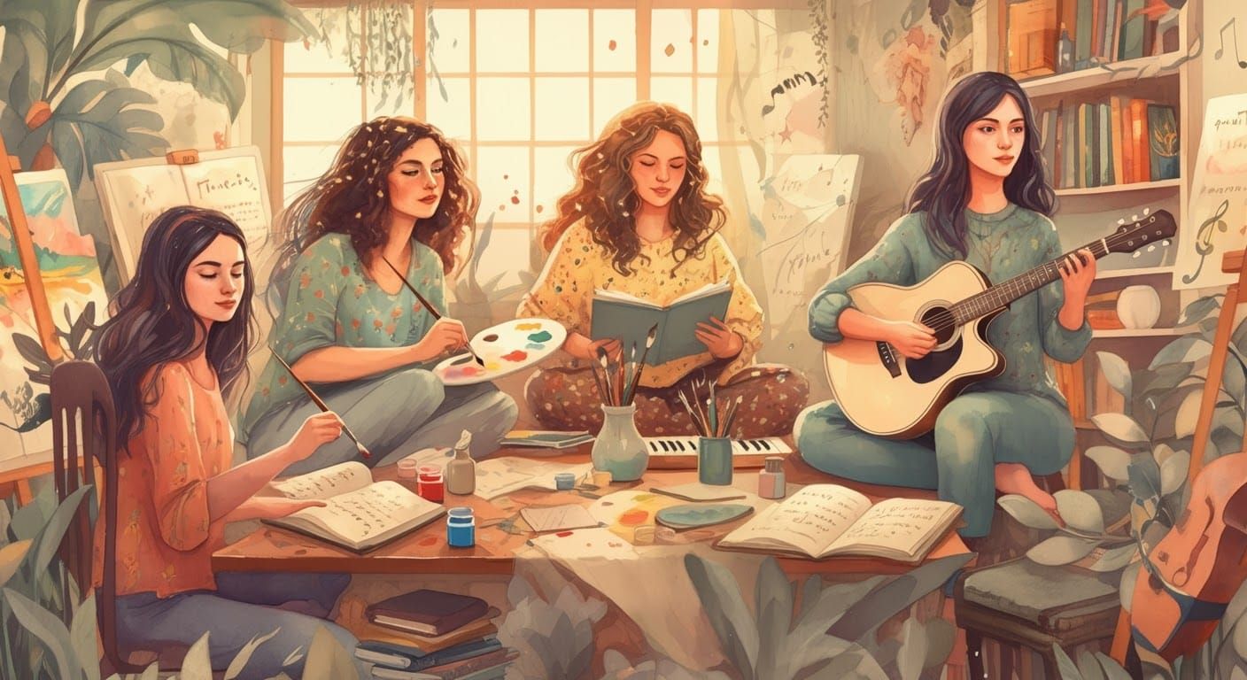 Women's Creative Expression in Dreamlike Watercolor Style