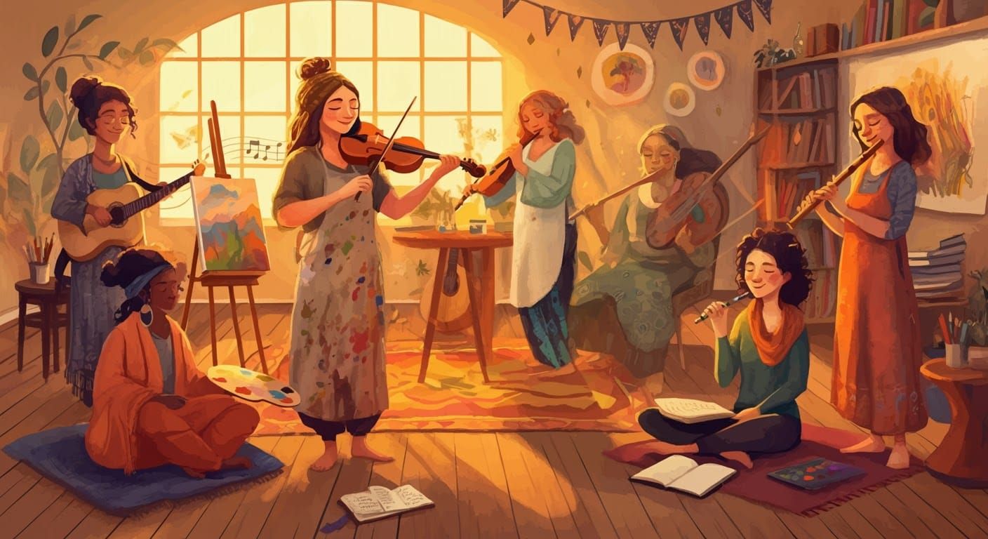 Creative Women in Sunlit Studio, Watercolor Style