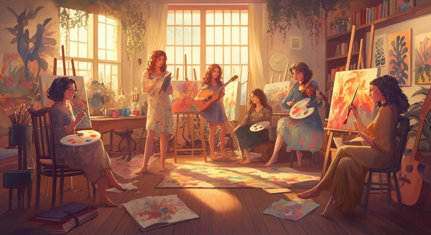 Enlightened Women in Sunlit Studio, Watercolor Style