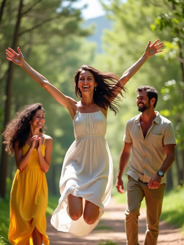 Mediterranean Woman's Joyful Leap in Sunny Forest