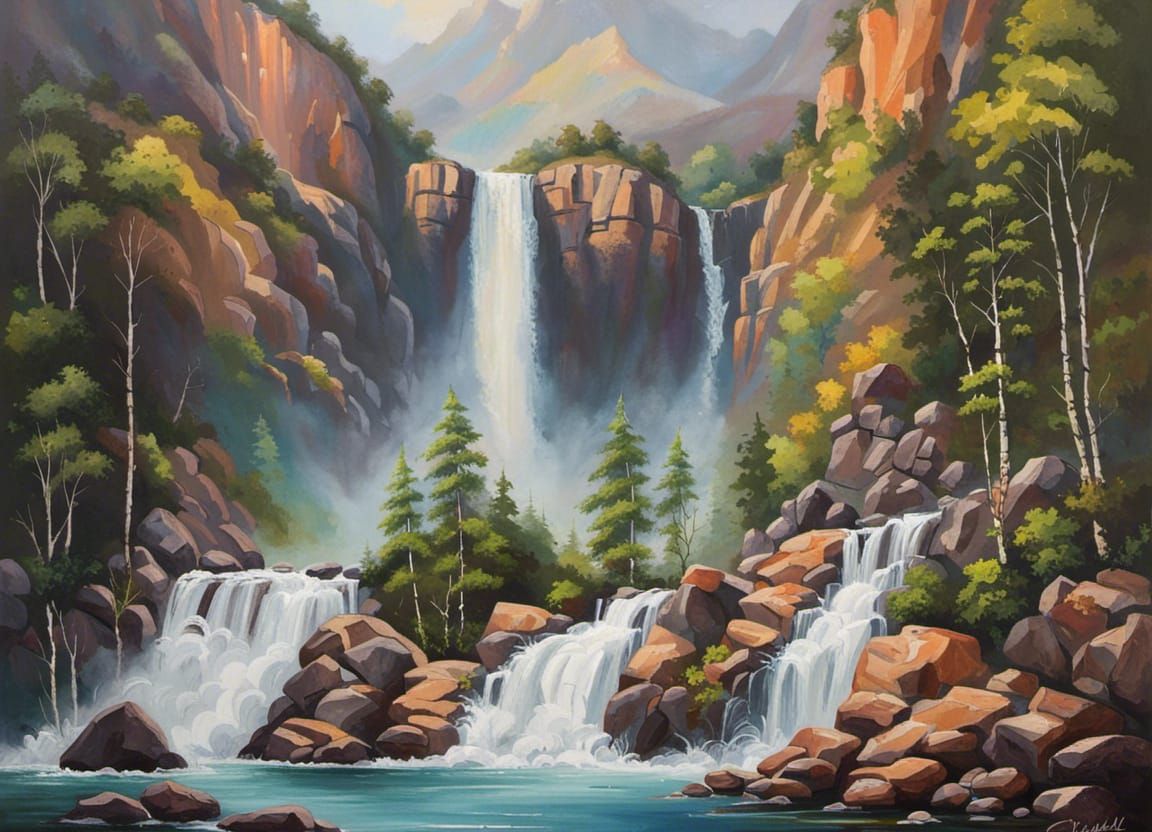 Majestic Waterfall Cascading Down Rocky Cliffs