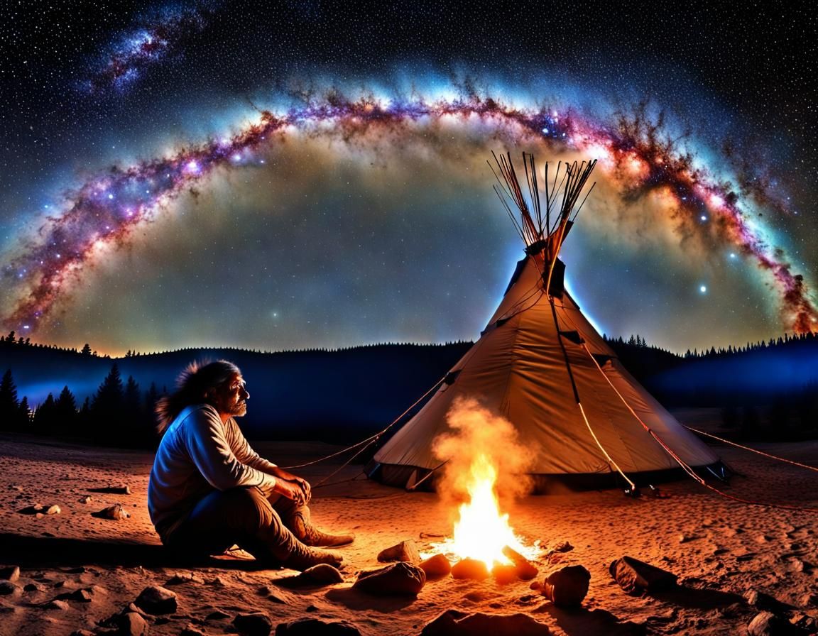 Tipi campside with campfire and mesmerizing panorama