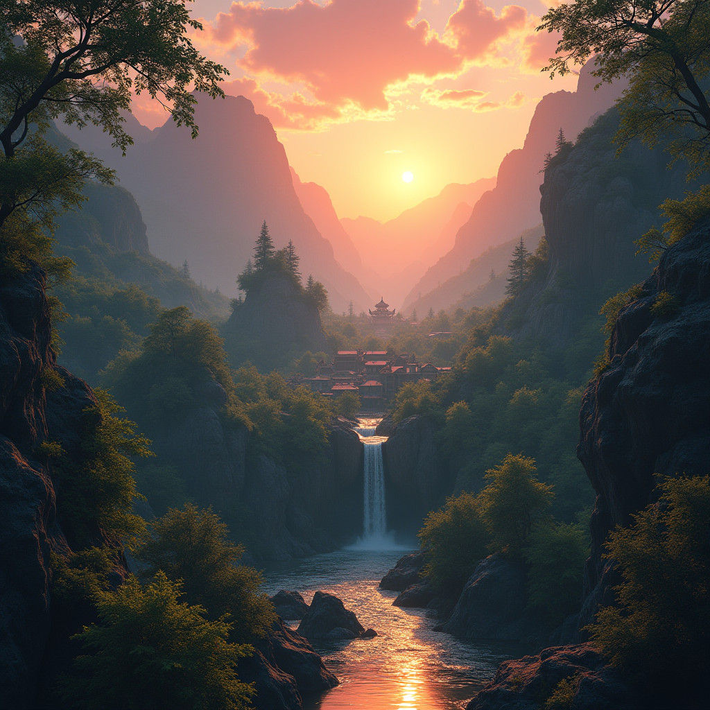 Leaf Village Valley at Sunset: Fantasy Concept Art