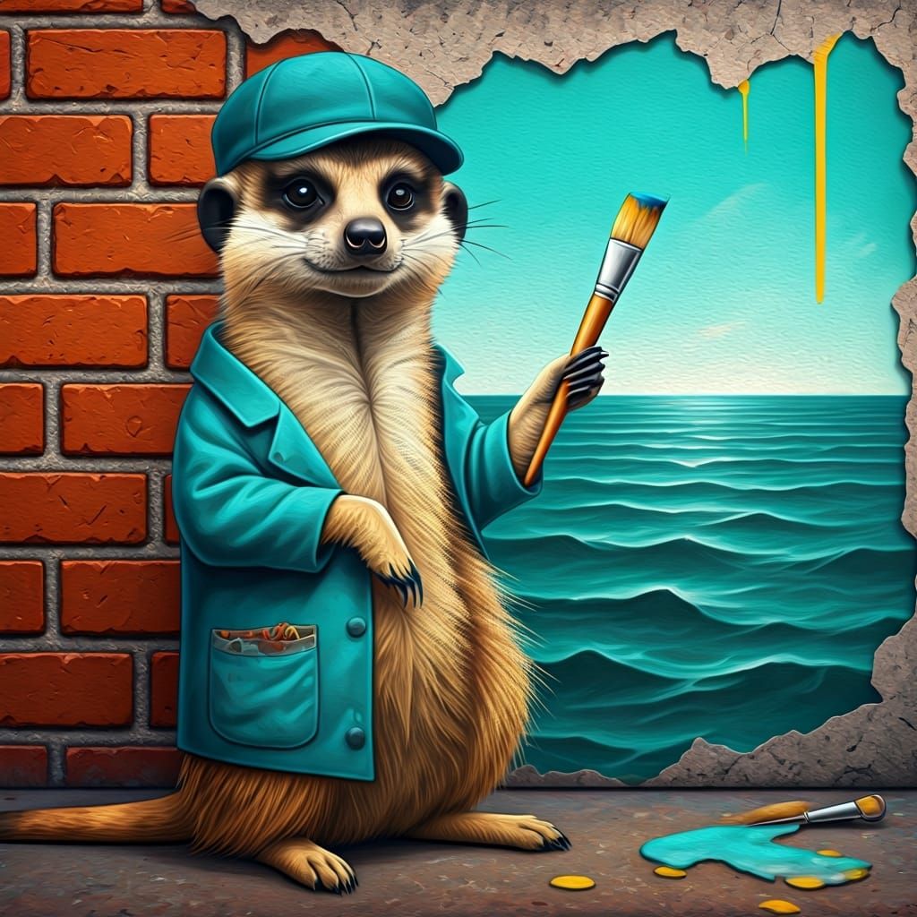 Meerkat Artist Paints Turquoise Seascape Graffiti