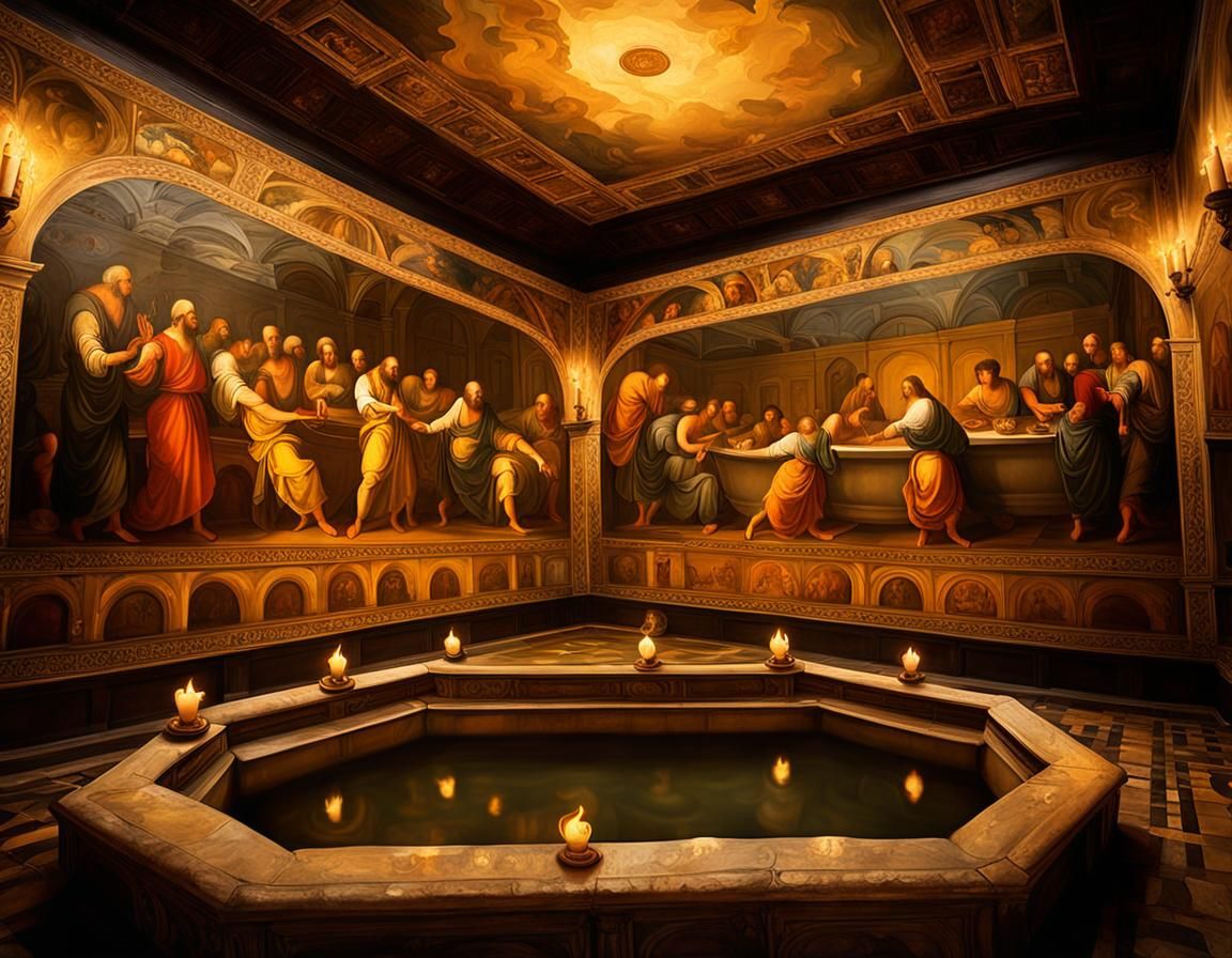 Renaissance Mural in Roman Bathhouse: Caravaggio Style