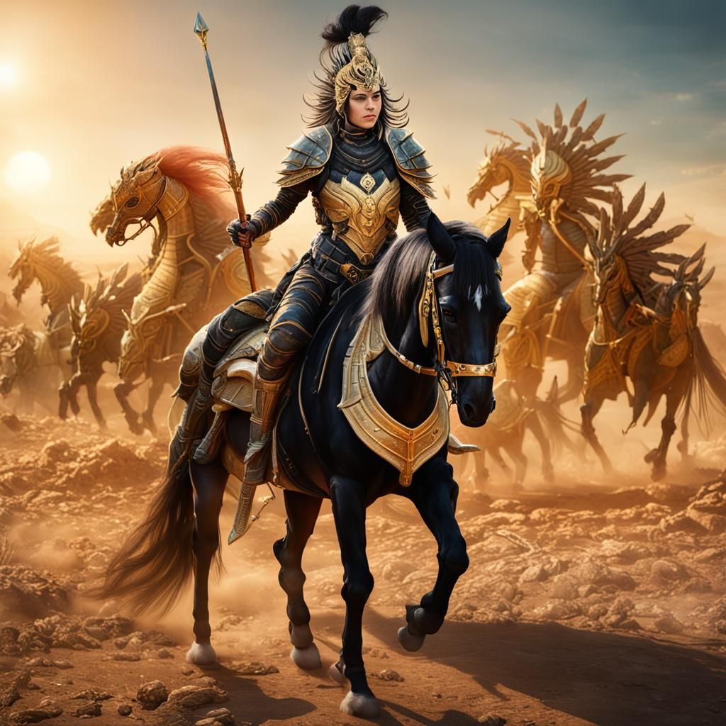Empress of Agartha in Golden Armor on Black Horse