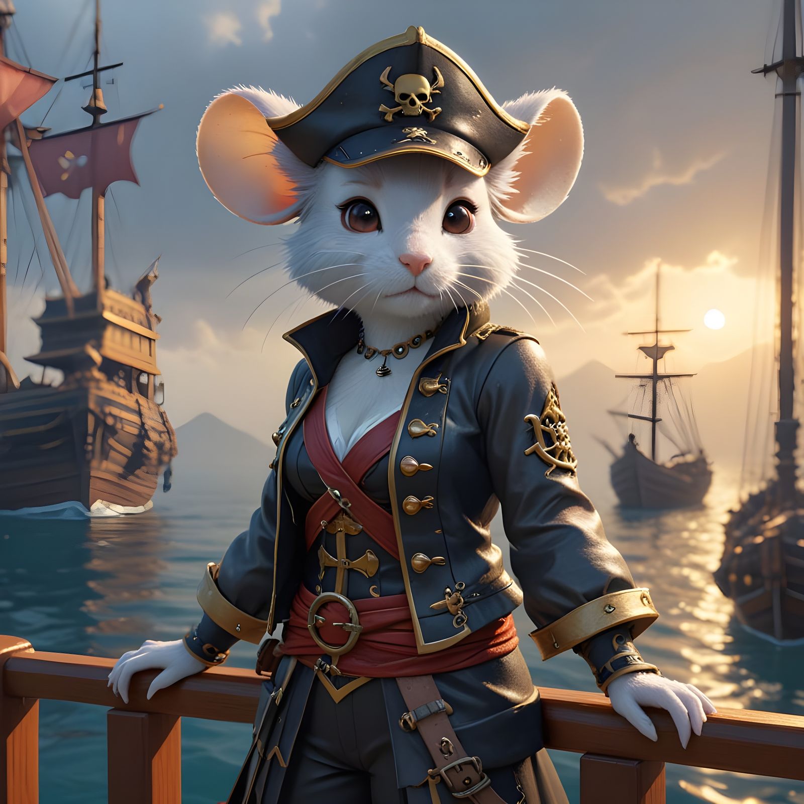 Mouse Pirate Captain on Sailing Ship, 3D Anime Art