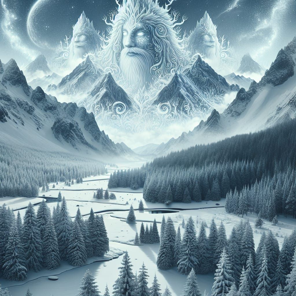 a surreal portrait of the spirit of the mountains watching o...