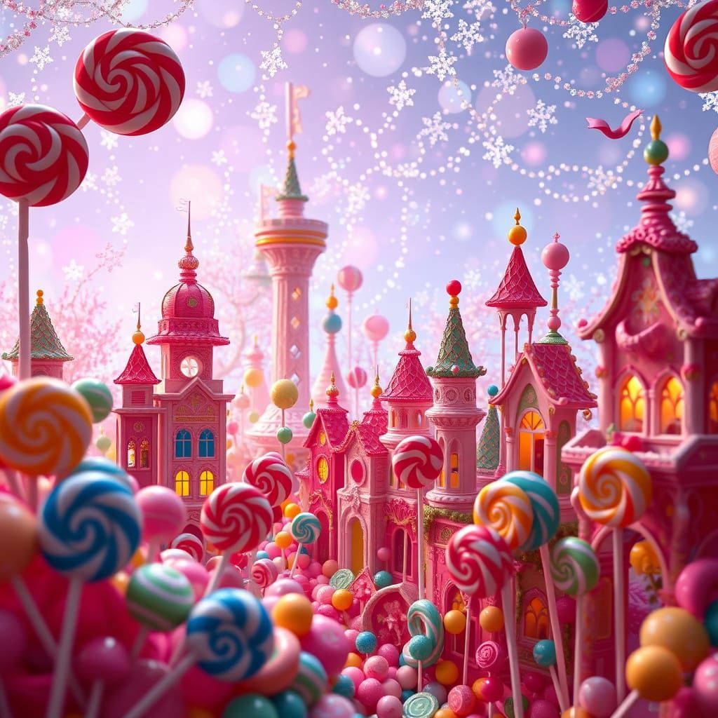 Whimsical Lollipop Cityscape with Sugar Glass Buildings