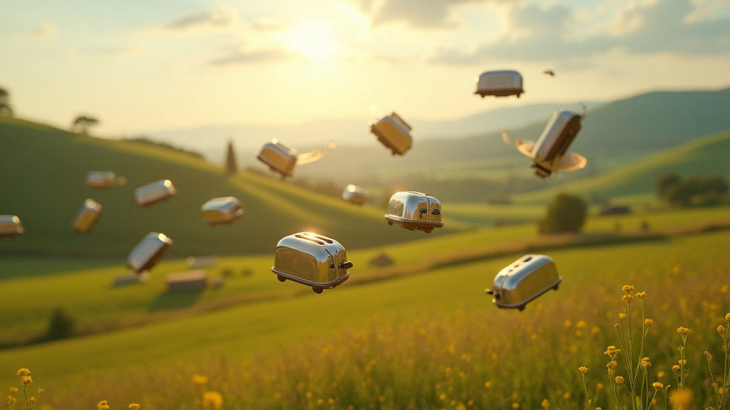 Whimsical Flying Toasters Soar Over Pastoral Landscape